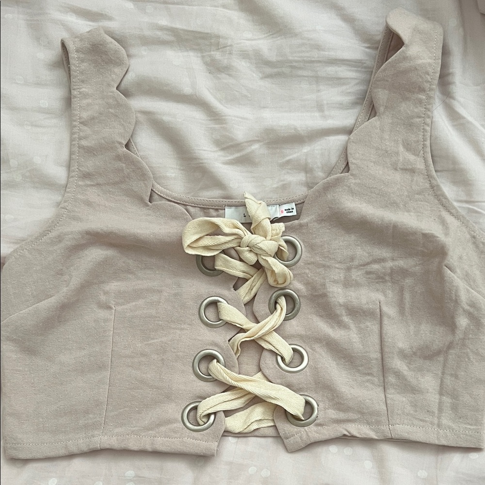Beige Lace-Up Crop Top